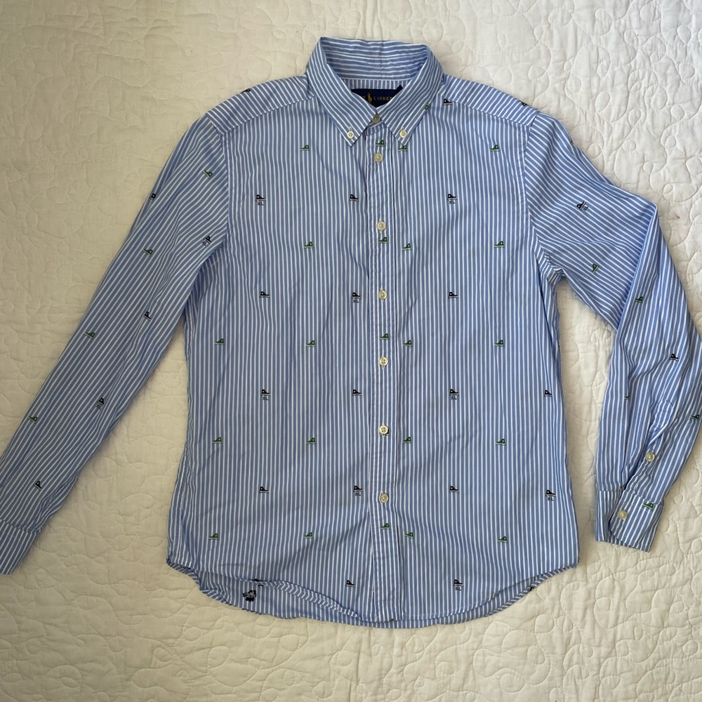 Ralph Lauren Boys Blue and White Dress Shirt with Embroidered Sneakers